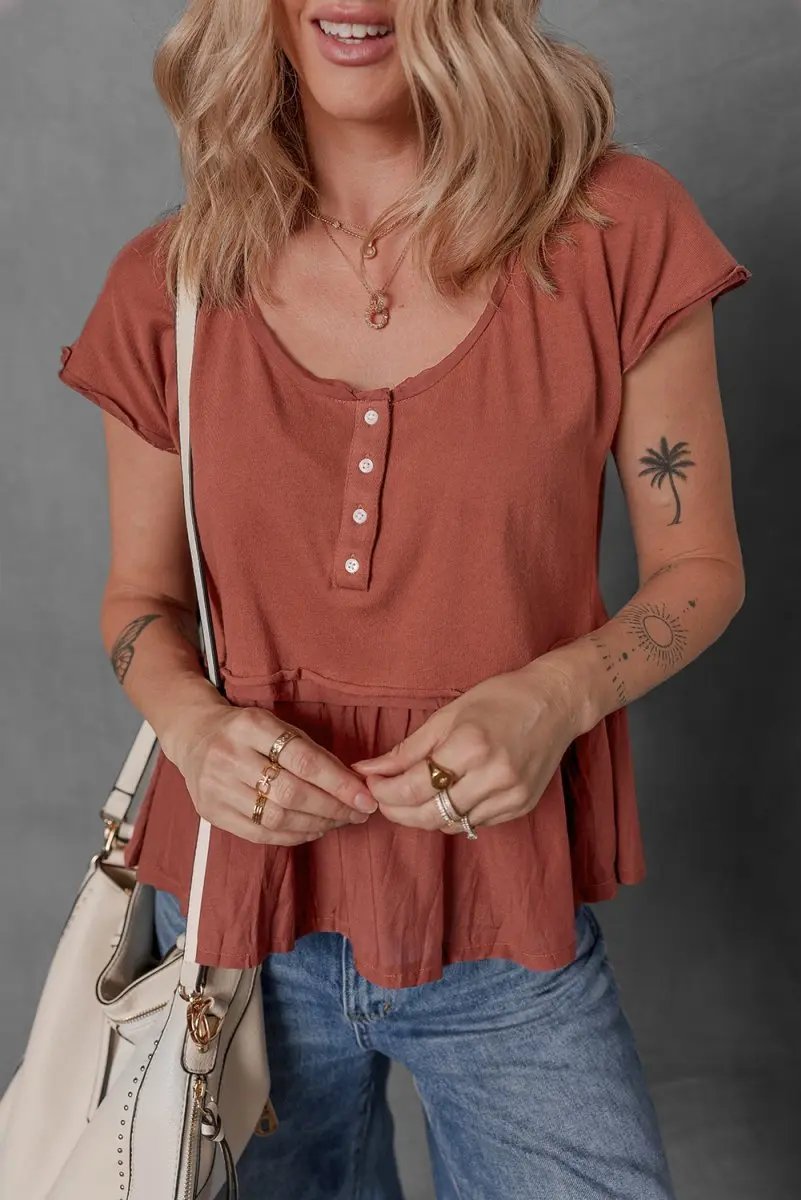 Chestnut Short Sleeve U Neck Buttons Splicing Ruffle Blouse - Love Salve